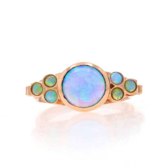 Rose Gold Lab-Created Opal Ring - 14k Round Cabochon 1.11ctw Bezel Set